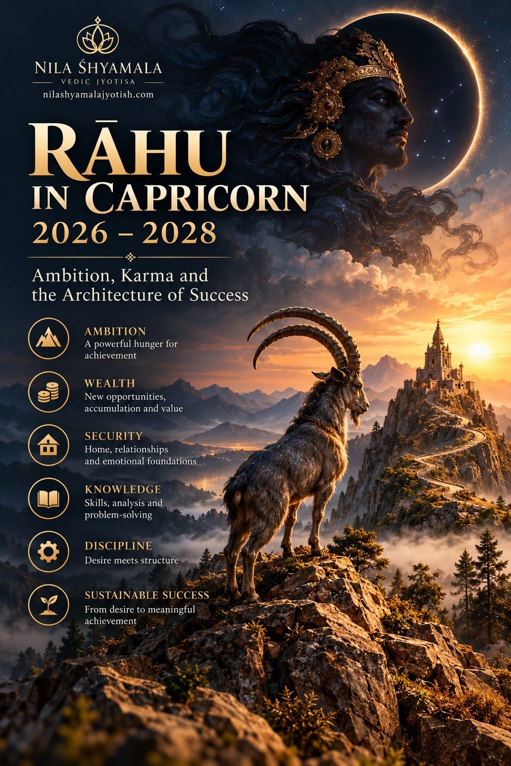 Rāhu in Capricorn 2026–2028 — Rāhu rising beside an eclipsed sun above a mountain goat on a summit