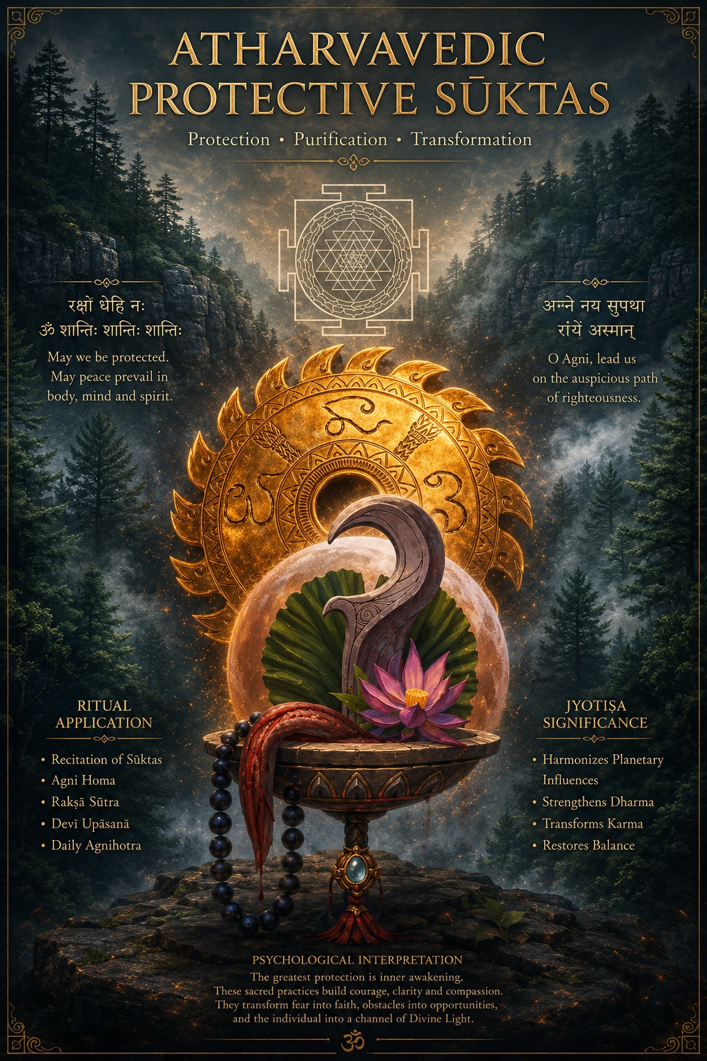 Atharvavedic protective sūktas — a Śrī Yantra above a golden solar disc, khadga, lotus and rudrākṣa mālā set on a forest altar, framed by protective verses
