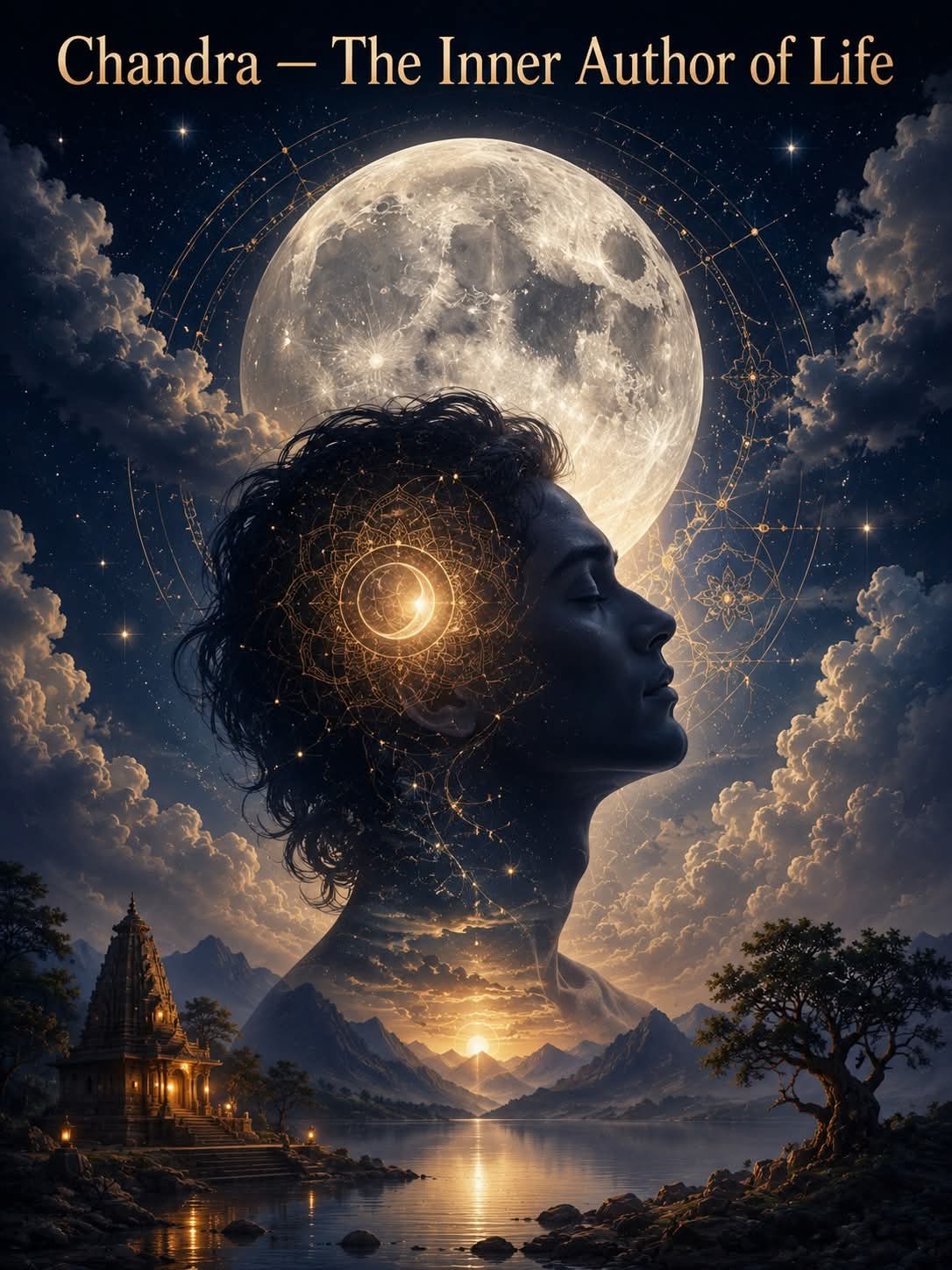 Chandra, the inner author of life — a profile against the full moon, the mind's mandala glowing within