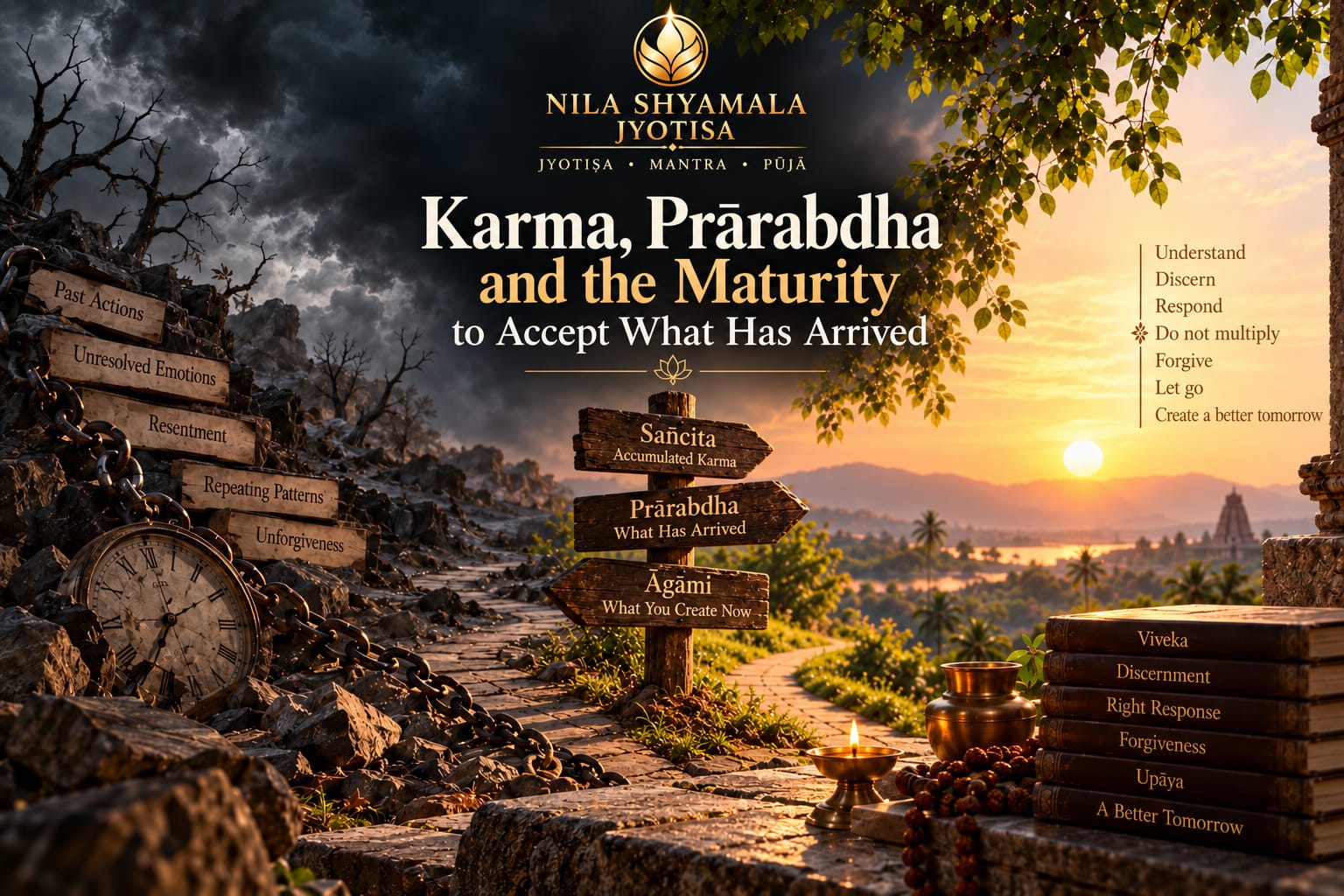 Karma, Prārabdha and the Maturity to Accept What Has Arrived — a signpost of Sañcita, Prārabdha and Āgāmi on the path from chained past actions toward a sunlit tomorrow