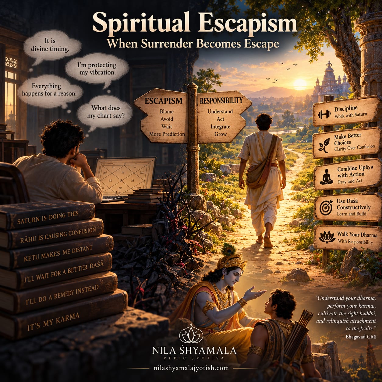 Spiritual Escapism — a seeker stuck among chart predictions and excuses, beside a path of responsibility walked toward the sunrise