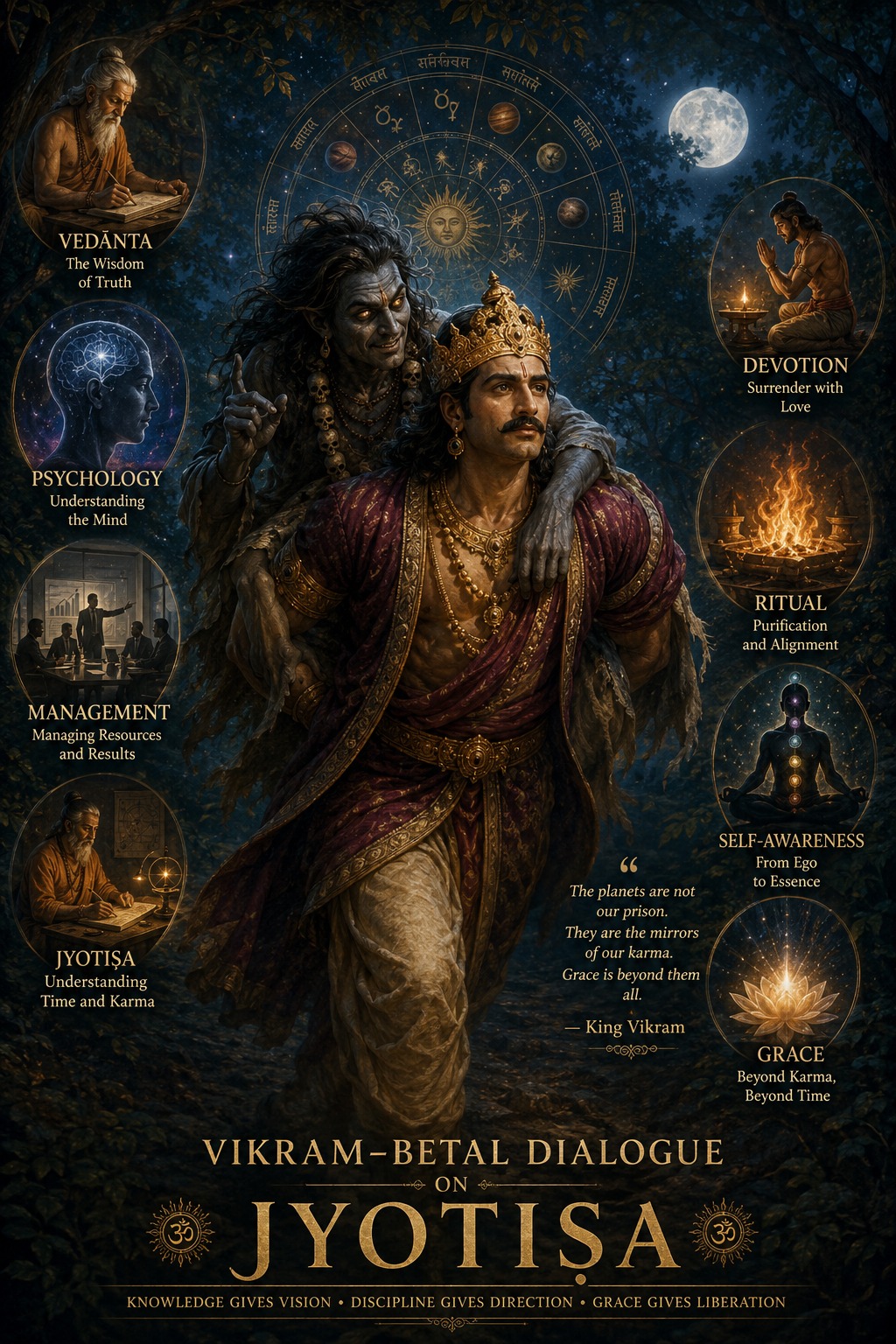 Vikram carrying Betāla beneath a moonlit zodiac wheel, ringed by eight roundels — Vedānta, Psychology, Management, Jyotiṣa, Devotion, Ritual, Self-Awareness and Grace